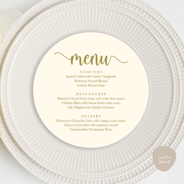 Modern Rustic, Wedding Elopement Round Dinner Menu (Modern Rustic, Wedding Elopement Round Dinner Menu Card in Cream and Gold)