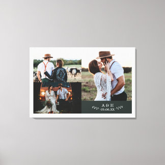 Modern Rustic Wedding Photo Collage Leaf Monogram Canvas Print
