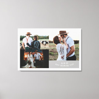 Modern Rustic Wedding Photo Collage Leaf Monogram Canvas Print