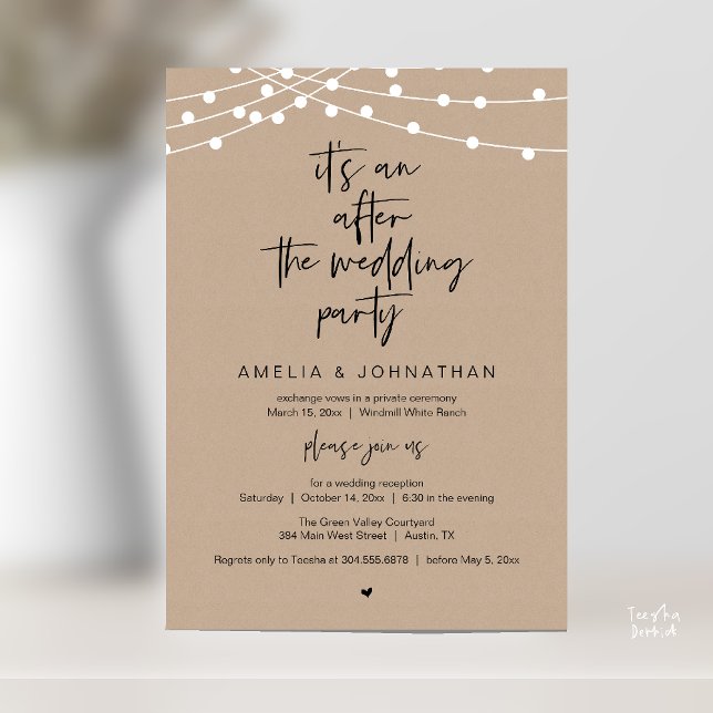 Modern Rustic Wedding Reception Brown Kraft Invitation (Modern Rustic Wedding Reception Brown Kraft, string lights, Invitation card pdf black script)