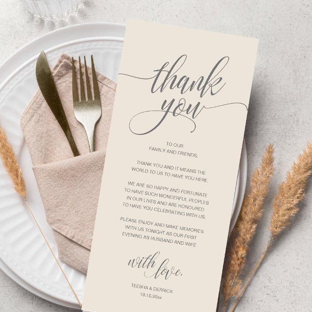 Modern Rustic Wedding Reception Thank You Card (Modern Romantic Wedding Reception Dinner Thank You Card in Cream Grey)