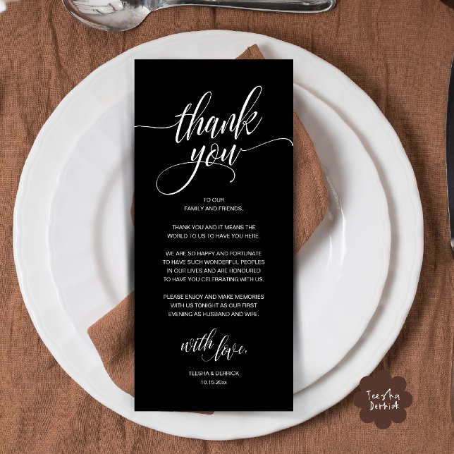 Modern Rustic Wedding Reception Thank You Card (Modern Romantic Wedding Reception Dinner Thank You Card in Black White)