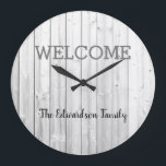 Modern rustic welcome Family name grey shiplap Large Clock<br><div class="desc">Modern rustic Welcome Family name,  white grey shiplap background,  wall clock.
You can easily change the text and add your name.</div>