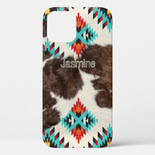 Modern Rustic Western Cowhide Pattern Name iPhone 12 Case