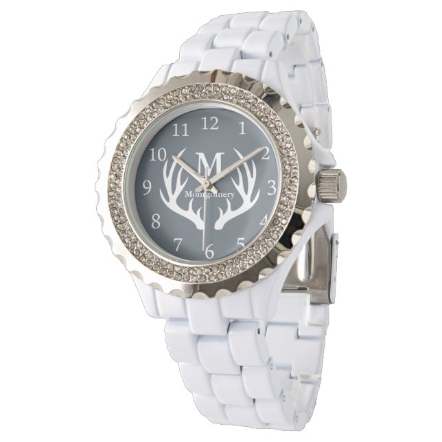 Modern Rustic White Deer Antlers Personalised Name Watch (Angled)
