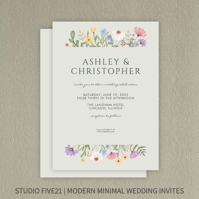 Modern Rustic Wildflower Border Soft Sage Wedding Invitation (Creator Uploaded)