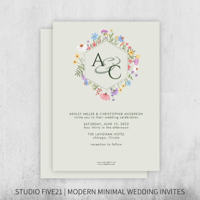 Modern Rustic Wildflower Monogram Sage Wedding Invitation (Creator Uploaded)