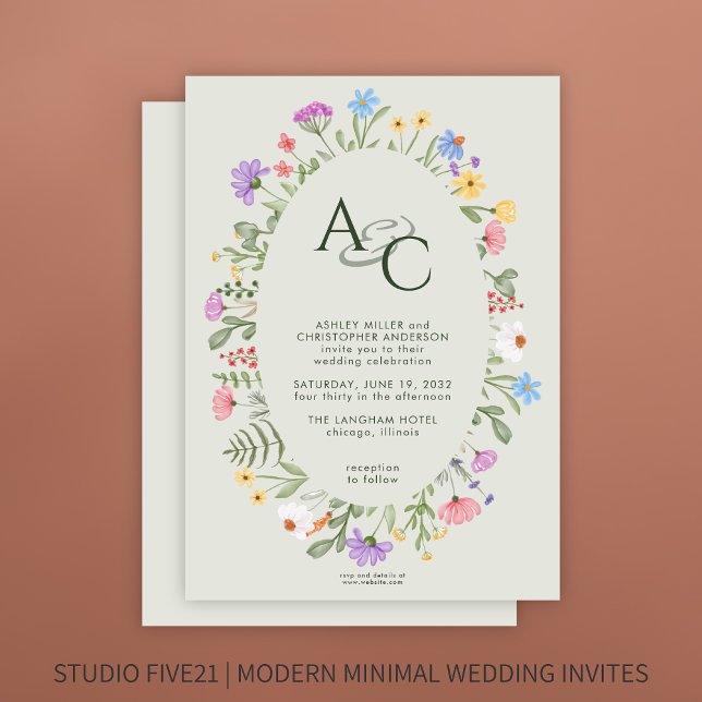 Modern Rustic Wildflower Monogram Sage Wedding Invitation (Creator Uploaded)