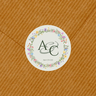 Modern Rustic Wildflower Monogram Wedding Classic Round Sticker