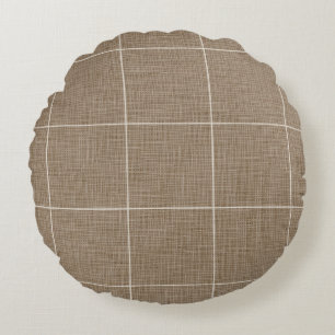 Modern Rustic Windowpane Plaid Linen Brown Round Cushion