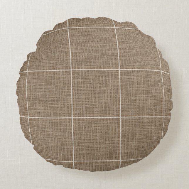 Modern Rustic Windowpane Plaid Linen Brown Round Cushion (Front)