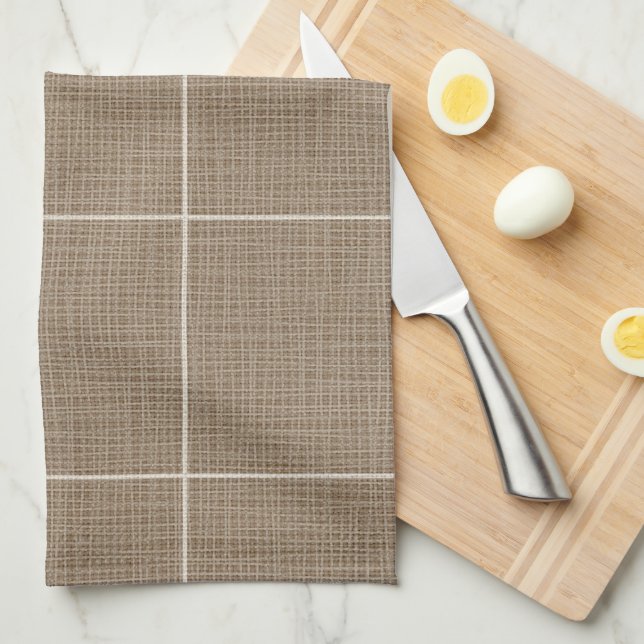 Modern Rustic Windowpane Plaid Linen Brown Tea Towel (Quarter Fold)