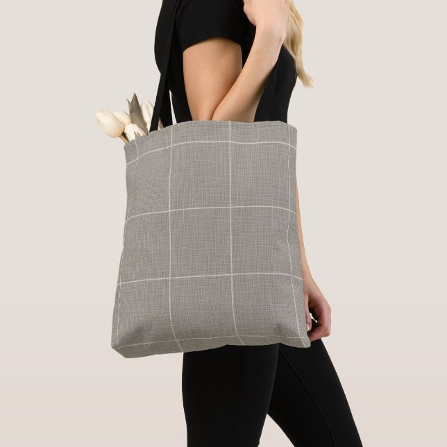 Modern Rustic Windowpane Plaid Linen Grey Tote Bag (Close Up)