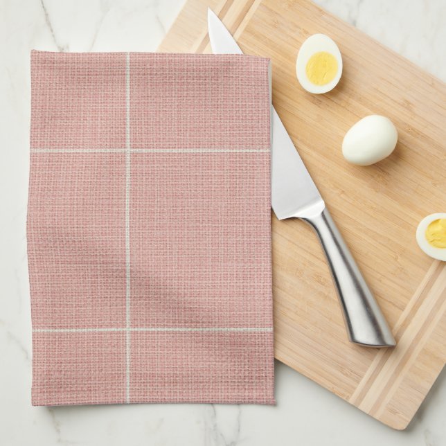 Modern Rustic Windowpane Plaid Linen Pink          Tea Towel (Quarter Fold)