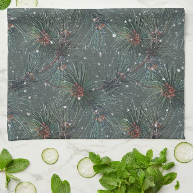 Modern Rustic Winter Pine Pattern Tea Towel (Folded)