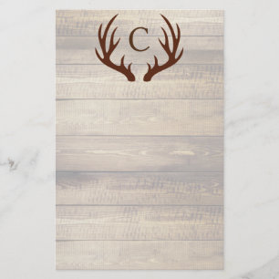 Modern Rustic Wood & Brown Deer Antlers   Monogram Stationery