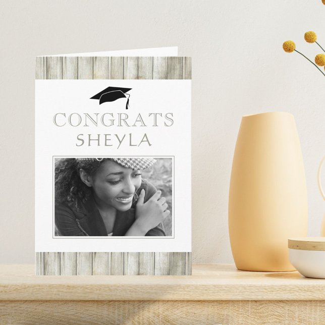Modern Rustic Wood Congrats Graduation Photo Card (Creator Uploaded)