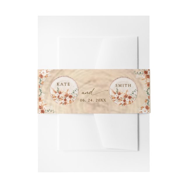 Modern Rustic Wood Cut Slice Terracotta Wedding  Invitation Belly Band (Front Example)