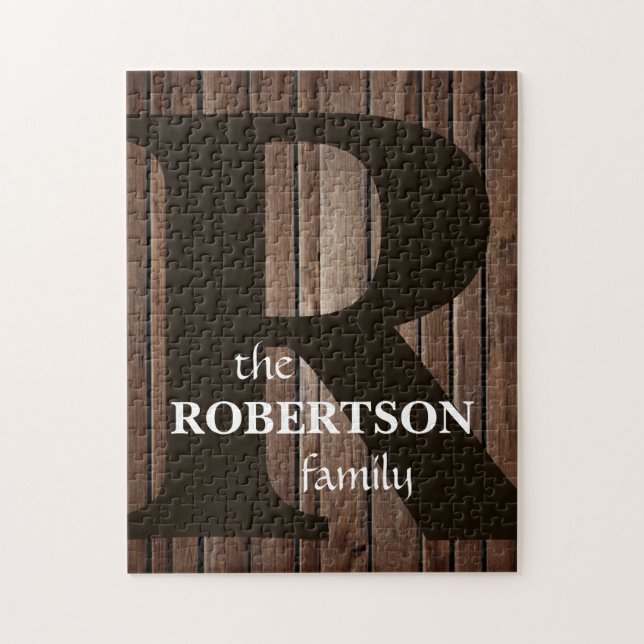 Modern Rustic Wood Family Monogram Jigsaw Puzzle (Vertical)
