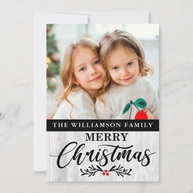 Modern Rustic Wood Family Photo Christmas Card  (Front)