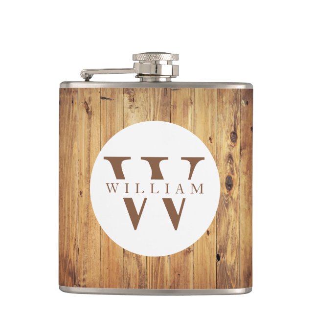 Modern Rustic Wood Monogram Name + Initial Hip Flask (Front)