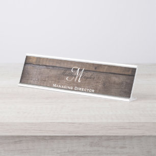 Modern Rustic Wood Monogram Name Script  Desk Name Plate