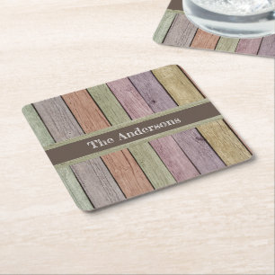 Modern Rustic Wood Plank Family Name  Square Paper Coaster