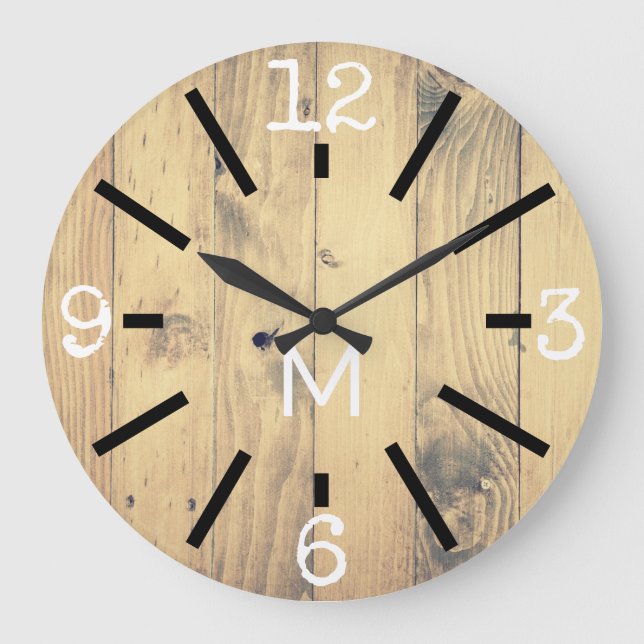 Modern Rustic Wood Print & Black Marks Large Clock (Front)