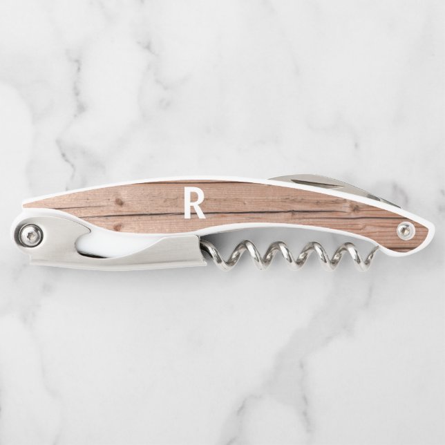 Modern Rustic Wooden Monogram Bottle Corkscrew (Front)
