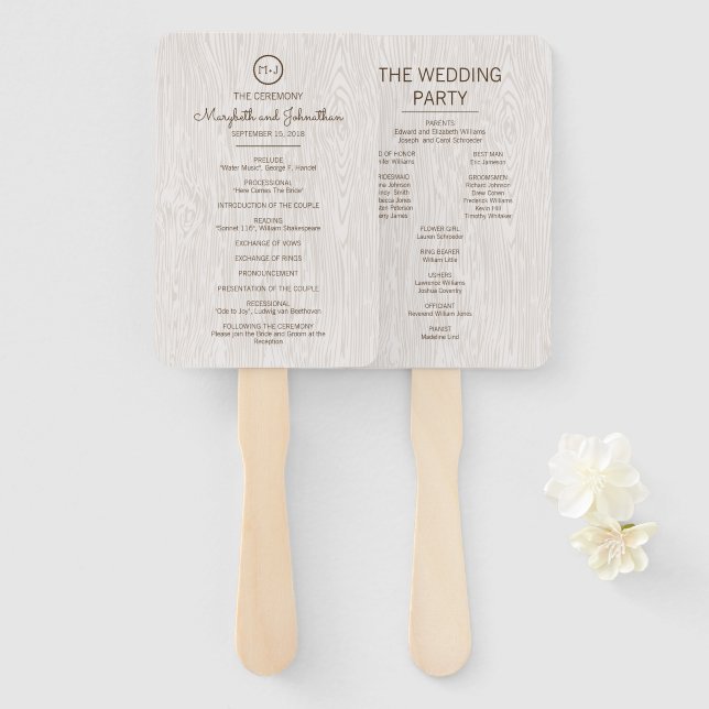 Modern Rustic Woodgrain Wedding Ceremony Program Hand Fan (Front and Back)