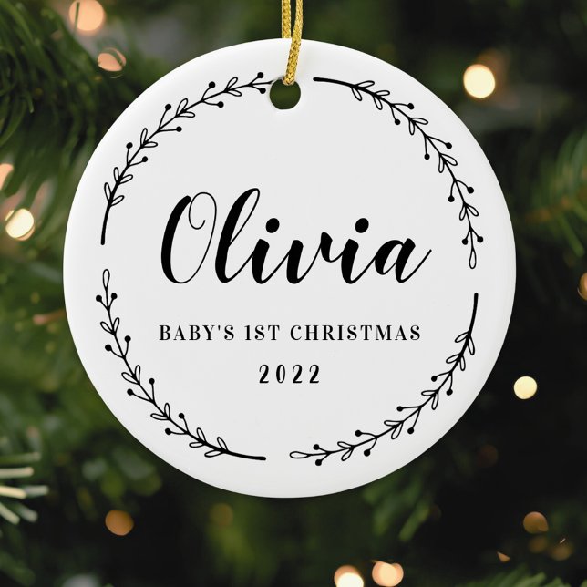 Modern Rustic Wreath Baby's First Christmas Photo Ceramic Ornament (Creator Uploaded)