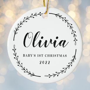 Modern Rustic Wreath Baby's First Christmas Photo Ceramic Ornament