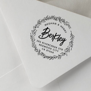 Modern Rustic Wreath Wedding Names Return Address Rubber Stamp