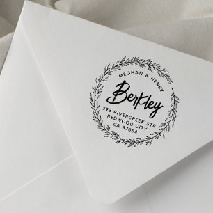Modern Rustic Wreath Wedding Names Return Address Rubber Stamp