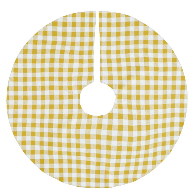 Modern Rustic Yellow White Gingham Check Brushed Polyester Tree Skirt (Front)