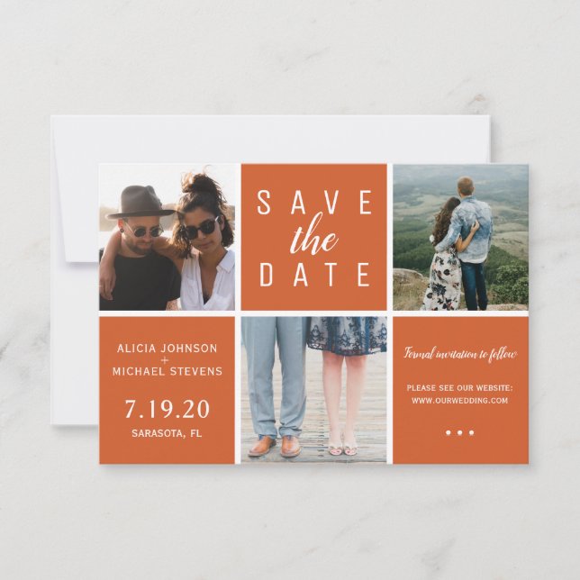Modern rusty orange simple 3 photo collage wedding save the date (Front)