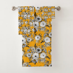 Modern Saffron Gray White Floral Watercolor Paint Bath Towel Set