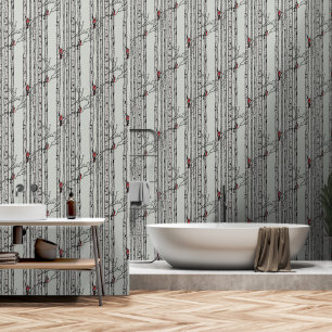 Modern Sage Birch Trees and Red Cardinal Birds Wallpaper