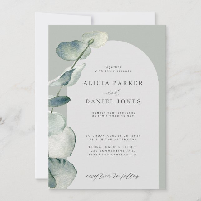Modern sage boho arch eucalyptus wedding invitation (Front)
