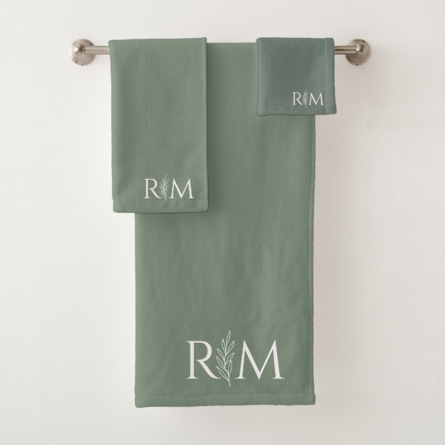 Modern Sage Botanical Monogram Initials Bath Towel Set (Insitu)