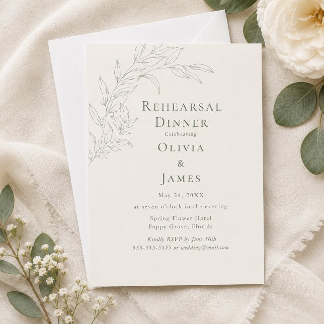 Modern Sage Botanical Rehearsal Dinner Invitation (Modern Sage Botanical Rehearsal Dinner Invitation on an elegant table with tiny flowers)