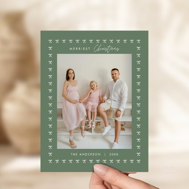 Modern Sage Bow Pattern Family Photo Christmas Postcard (Modern Bow Pattern Family Photo Classy Elegant Christmas Postcard in rustic Sage Green theme)