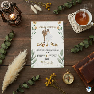 Modern Sage Brown and Black With Photo Wedding Invitation