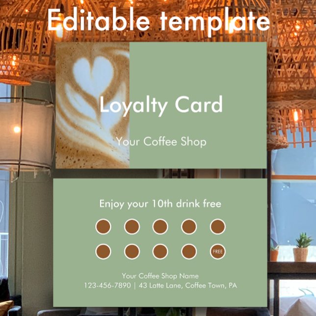 Modern Sage Custom Photo Coffee House Customer Loyalty Card (Modern sage green custom loyalty card. Personalize the editable text.
)
