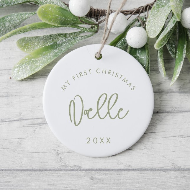 Modern Sage Font Baby's First Christmas Photo Ceramic Ornament (Creator Uploaded)