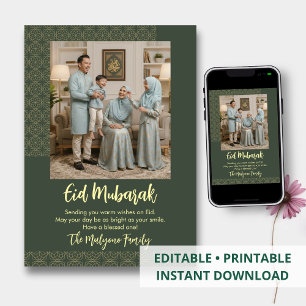Modern Sage Geometric Pattern Family Photo Eid Holiday Card