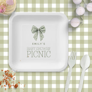 Modern Sage Gingham Bow Name Baby Shower Picnic Paper Plate