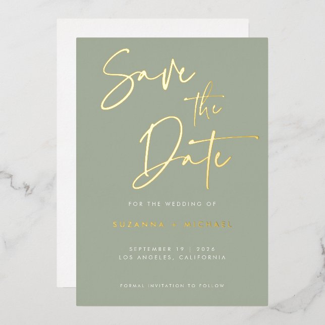 Modern Sage Gold Calligraphy Script Wedding (Front/Back)