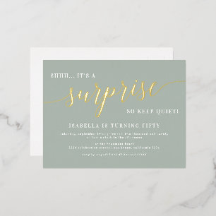 Modern Sage & Gold Script Surprise Birthday Party Foil Invitation Postcard