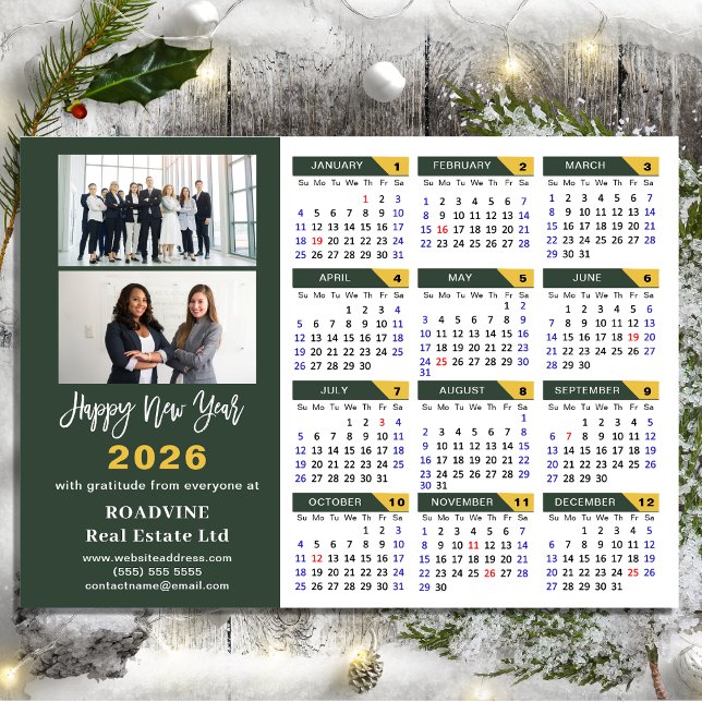 Modern Sage Green 2024 Calendar Business 2 Photo Holiday Card (Creator Uploaded)